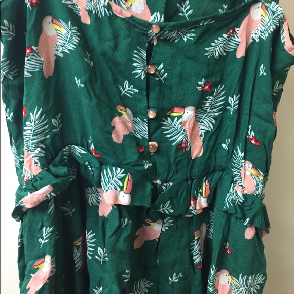 Green summer dress, bird flower print - Picture 3 of 6